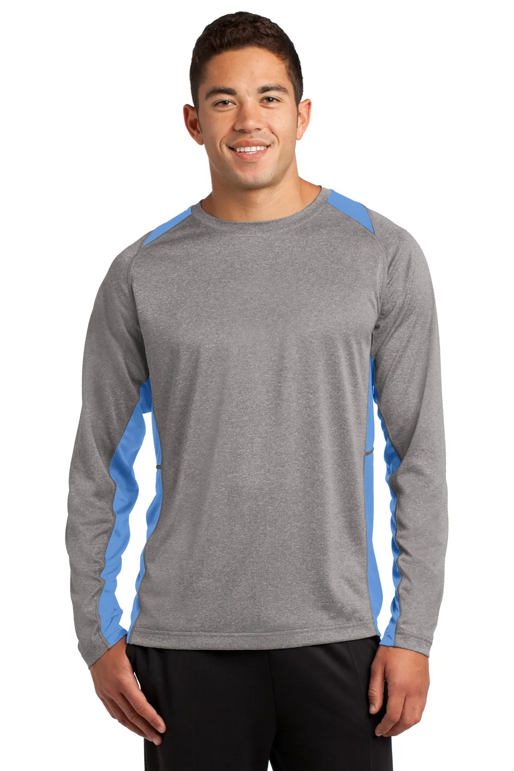 Sport-Tek Mens Contender Heather Moisture Wicking Long Sleeve Crewneck T-Shirt - Heather Vintage Grey/Carolina Blue - Closeout Clothing Sport-Tek