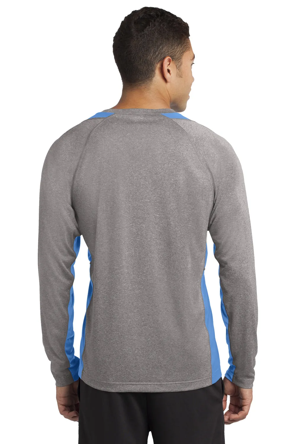 Sport-Tek Mens Contender Heather Moisture Wicking Long Sleeve Crewneck T-Shirt - Heather Vintage Grey/Carolina Blue - Closeout Clothing Sport-Tek