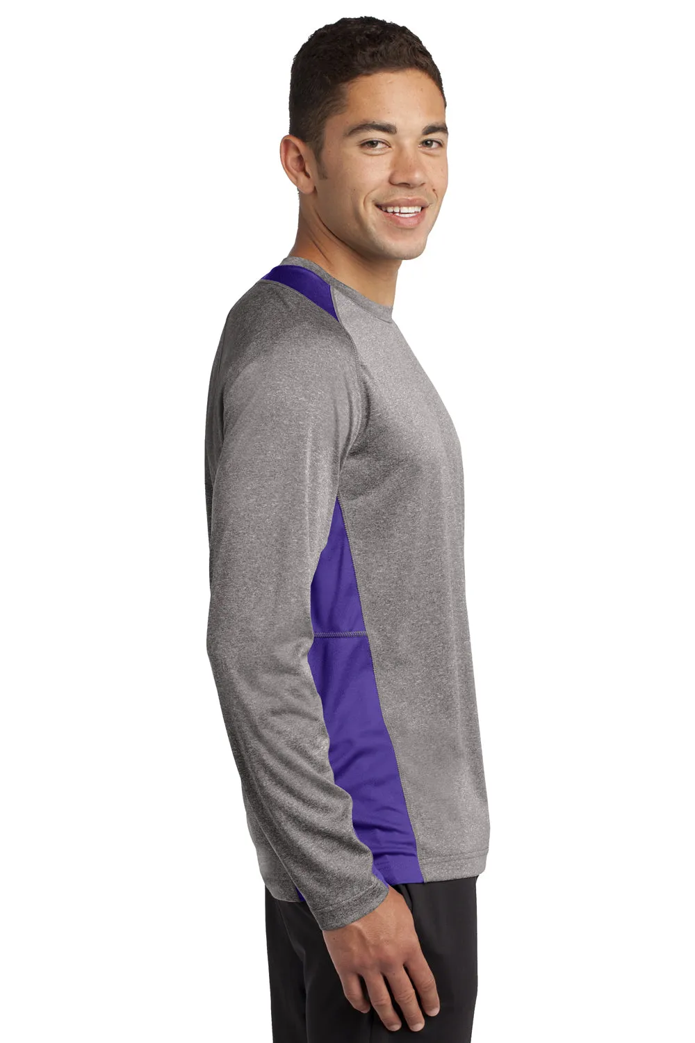 Sport-Tek Mens Contender Heather Moisture Wicking Long Sleeve Crewneck T-Shirt - Heather Vintage Grey/Purple - Closeout Clothing Sport-Tek