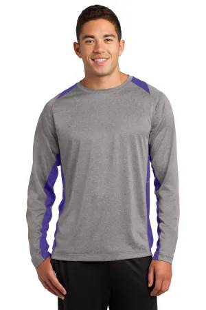 Sport-Tek Mens Contender Heather Moisture Wicking Long Sleeve Crewneck T-Shirt - Heather Vintage Grey/Purple - Closeout Clothing Sport-Tek