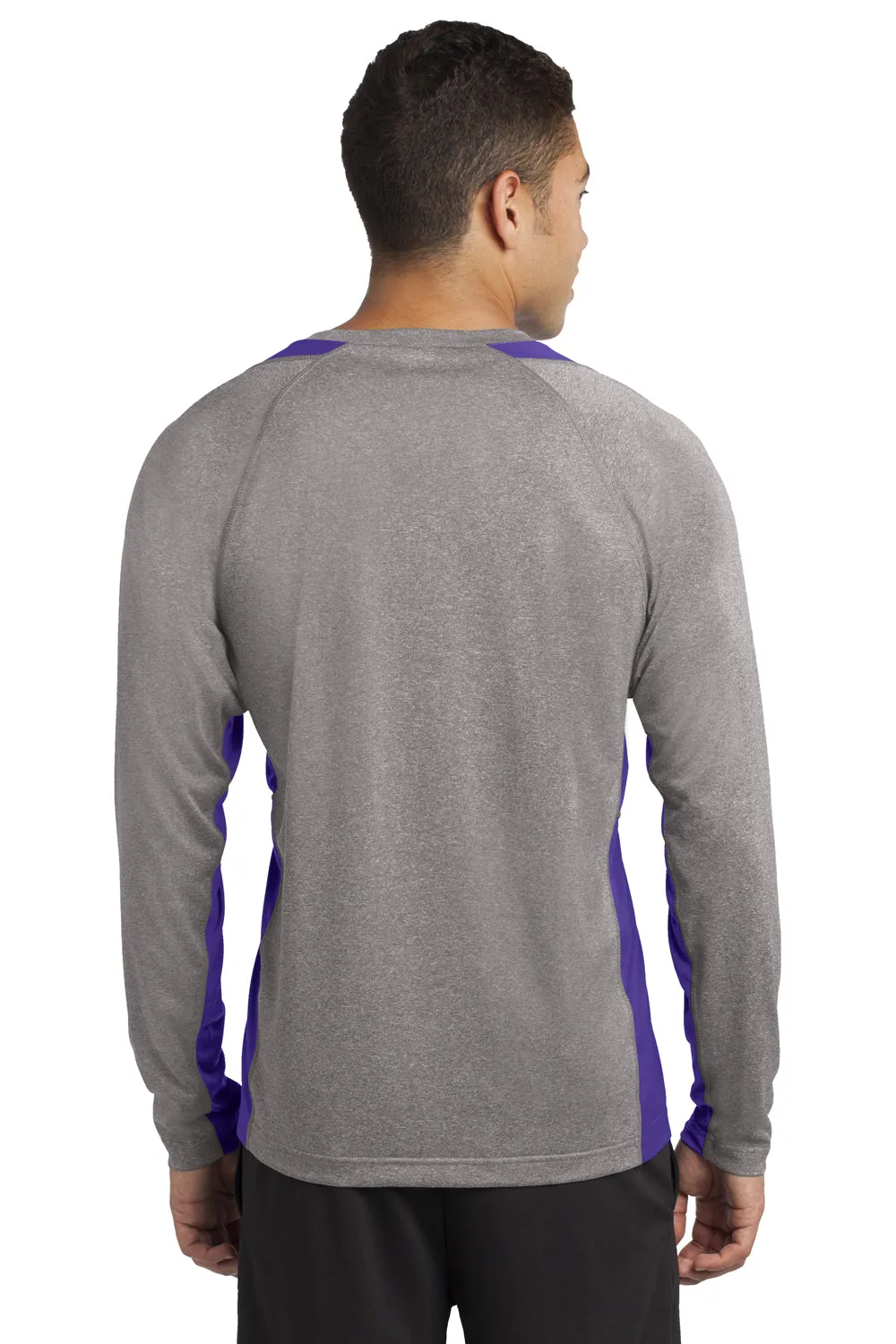 Sport-Tek Mens Contender Heather Moisture Wicking Long Sleeve Crewneck T-Shirt - Heather Vintage Grey/Purple - Closeout Clothing Sport-Tek