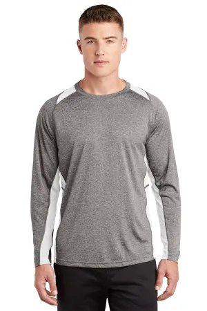 Sport-Tek Mens Contender Heather Moisture Wicking Long Sleeve Crewneck T-Shirt - Heather Vintage Grey/White Clothing Sport-Tek