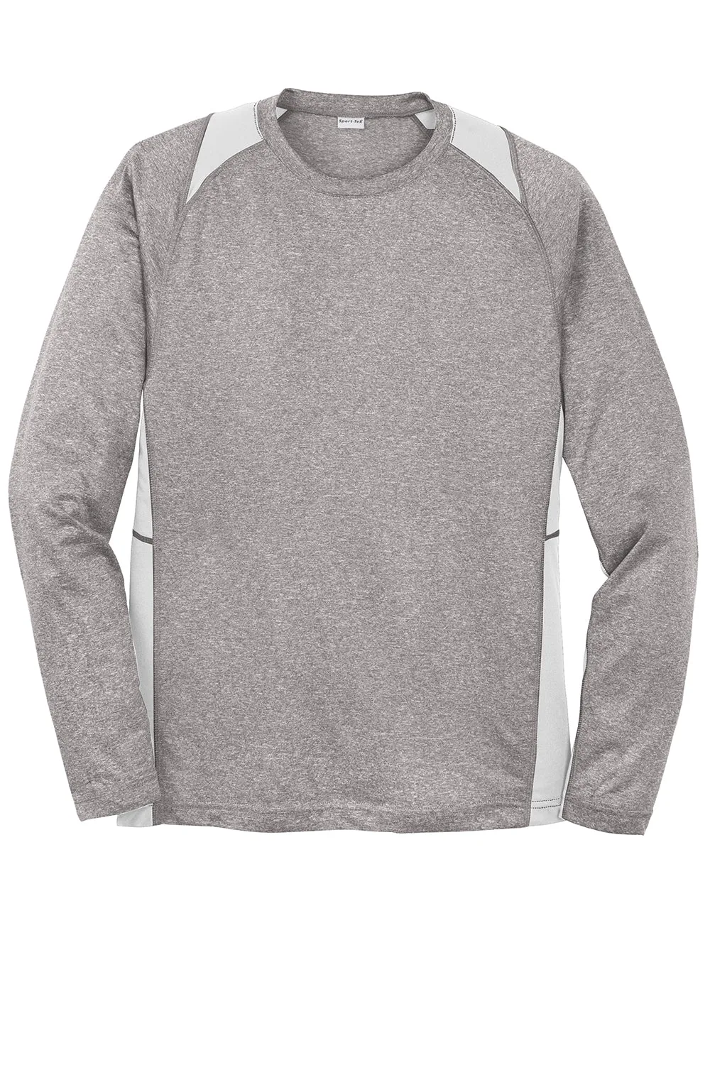 Sport-Tek Mens Contender Heather Moisture Wicking Long Sleeve Crewneck T-Shirt - Heather Vintage Grey/White Clothing Sport-Tek