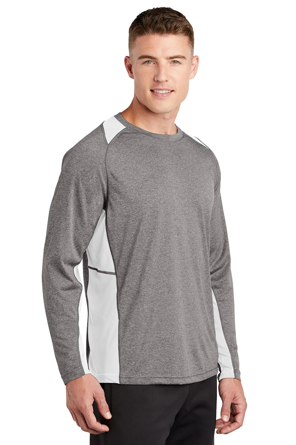 Sport-Tek Mens Contender Heather Moisture Wicking Long Sleeve Crewneck T-Shirt - Heather Vintage Grey/White Clothing Sport-Tek