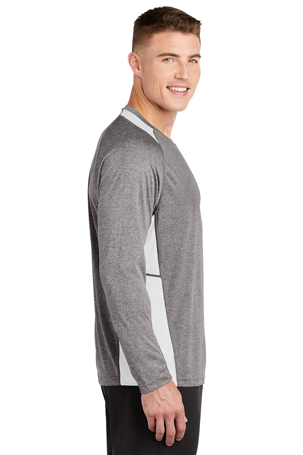 Sport-Tek Mens Contender Heather Moisture Wicking Long Sleeve Crewneck T-Shirt - Heather Vintage Grey/White Clothing Sport-Tek