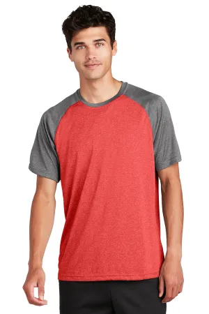 Sport-Tek Mens Contender Heather Moisture Wicking Short Sleeve Crewneck T-Shirt - Heather Scarlet Red/Heather Graphite Grey - Closeout Clothing Sport-Tek
