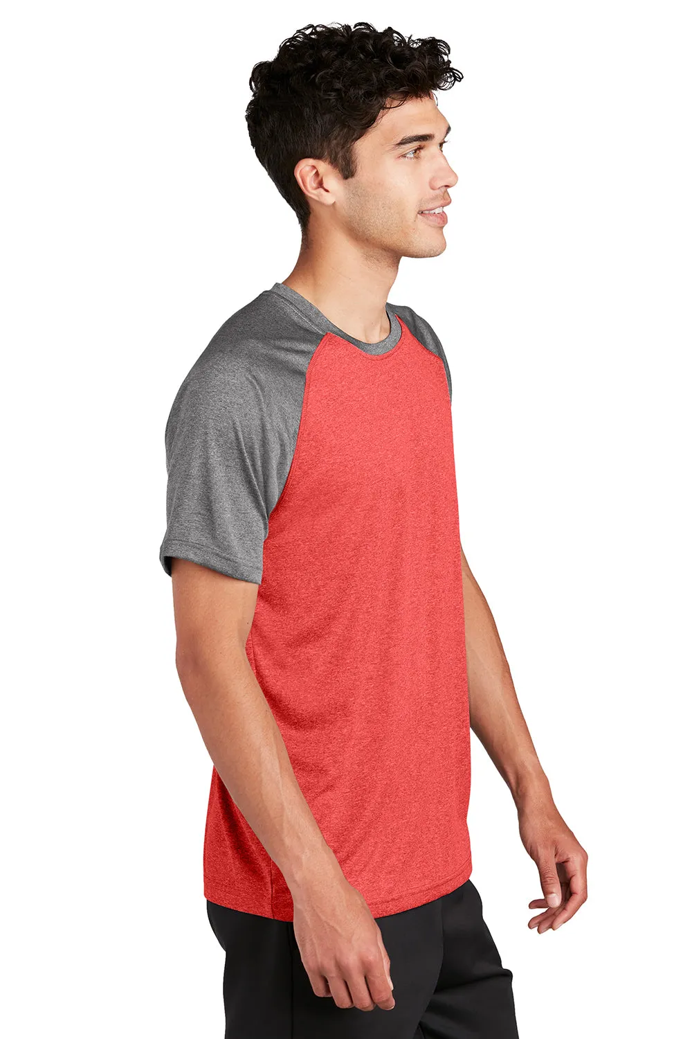 Sport-Tek Mens Contender Heather Moisture Wicking Short Sleeve Crewneck T-Shirt - Heather Scarlet Red/Heather Graphite Grey - Closeout Clothing Sport-Tek