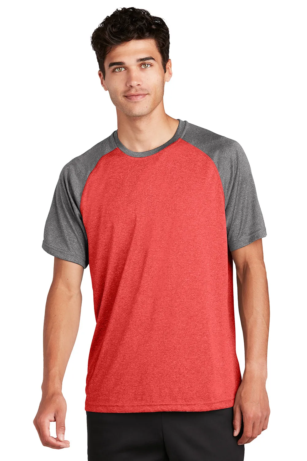 Sport-Tek Mens Contender Heather Moisture Wicking Short Sleeve Crewneck T-Shirt - Heather Scarlet Red/Heather Graphite Grey - Closeout Clothing Sport-Tek