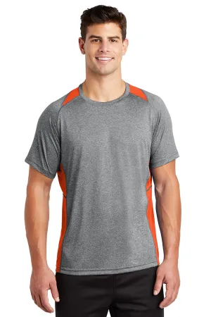Sport-Tek Mens Contender Heather Moisture Wicking Short Sleeve Crewneck T-Shirt - Heather Vintage Grey/Deep Orange Clothing Sport-Tek