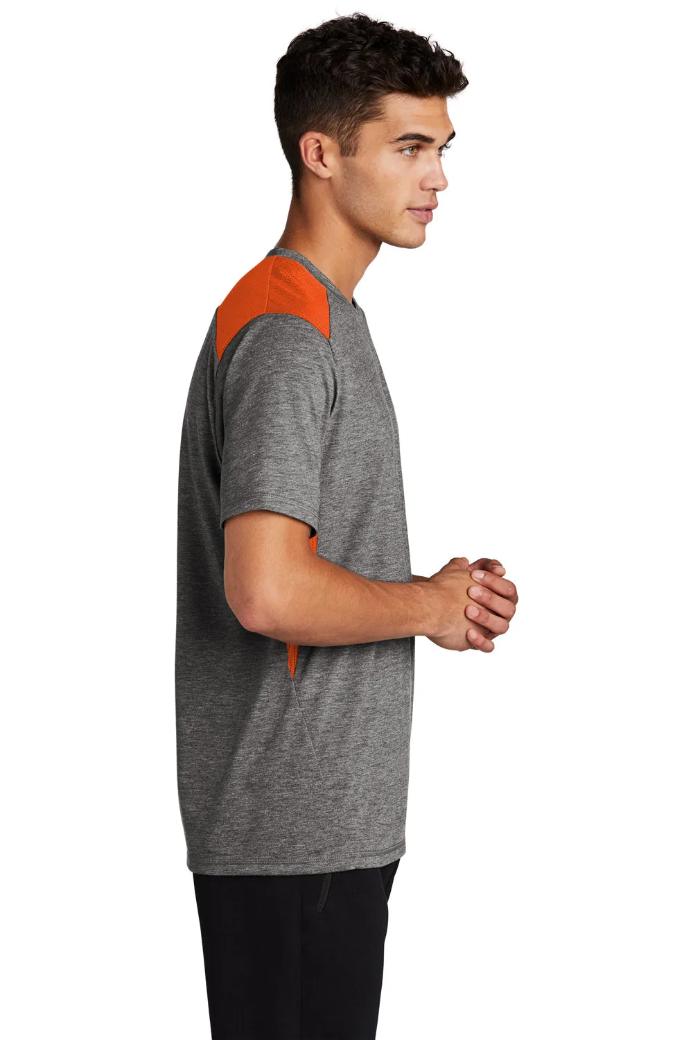 Sport-Tek Mens Draft Moisture Wicking Short Sleeve Crewneck T-Shirt - Heather Dark Grey/Deep Orange Clothing Sport-Tek