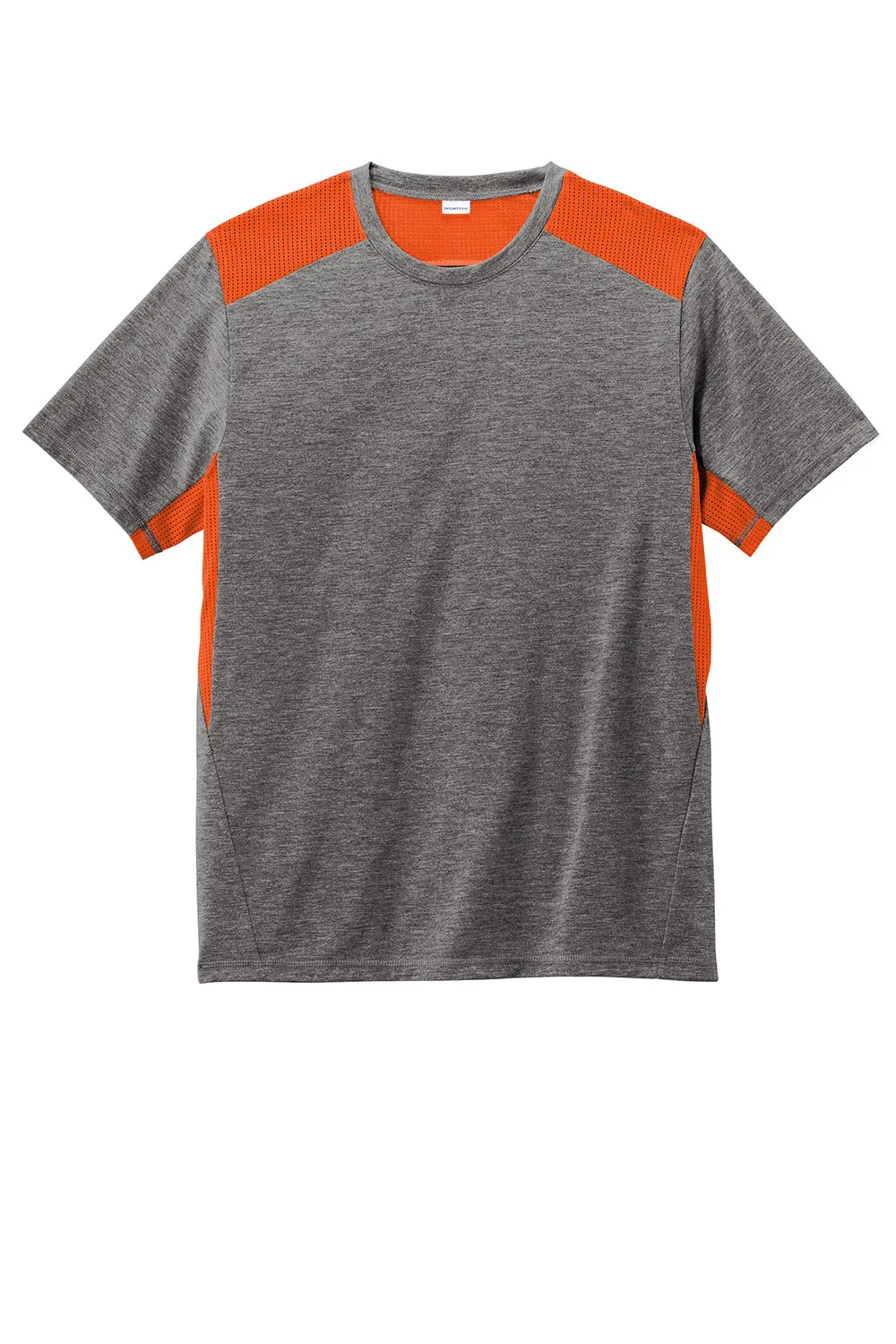 Sport-Tek Mens Draft Moisture Wicking Short Sleeve Crewneck T-Shirt - Heather Dark Grey/Deep Orange Clothing Sport-Tek
