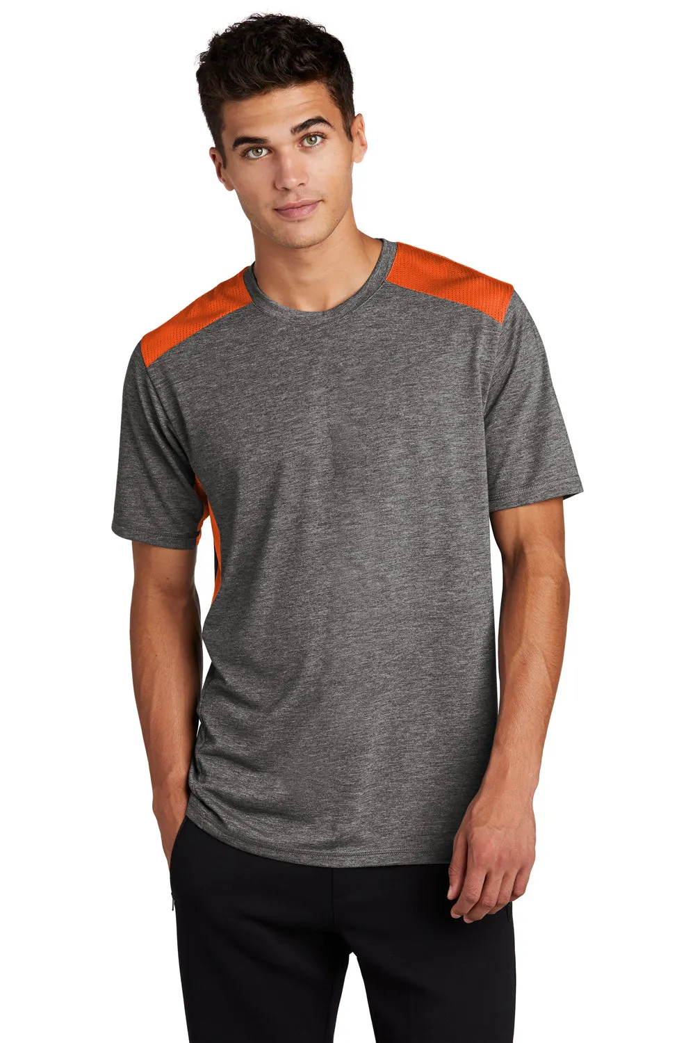 Sport-Tek Mens Draft Moisture Wicking Short Sleeve Crewneck T-Shirt - Heather Dark Grey/Deep Orange Clothing Sport-Tek