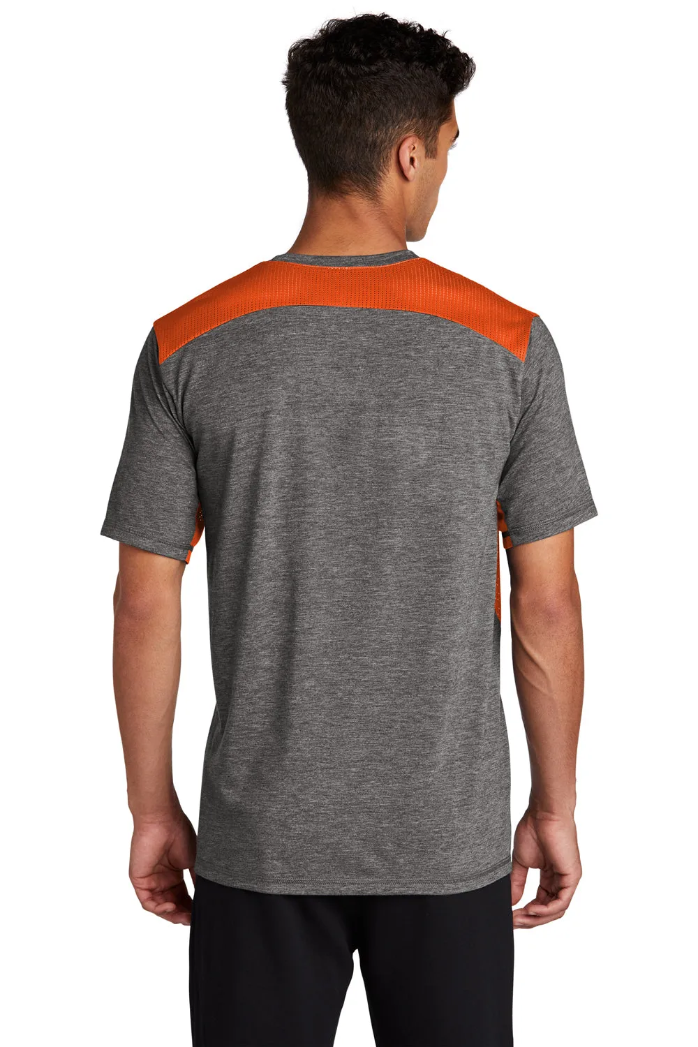 Sport-Tek Mens Draft Moisture Wicking Short Sleeve Crewneck T-Shirt - Heather Dark Grey/Deep Orange Clothing Sport-Tek