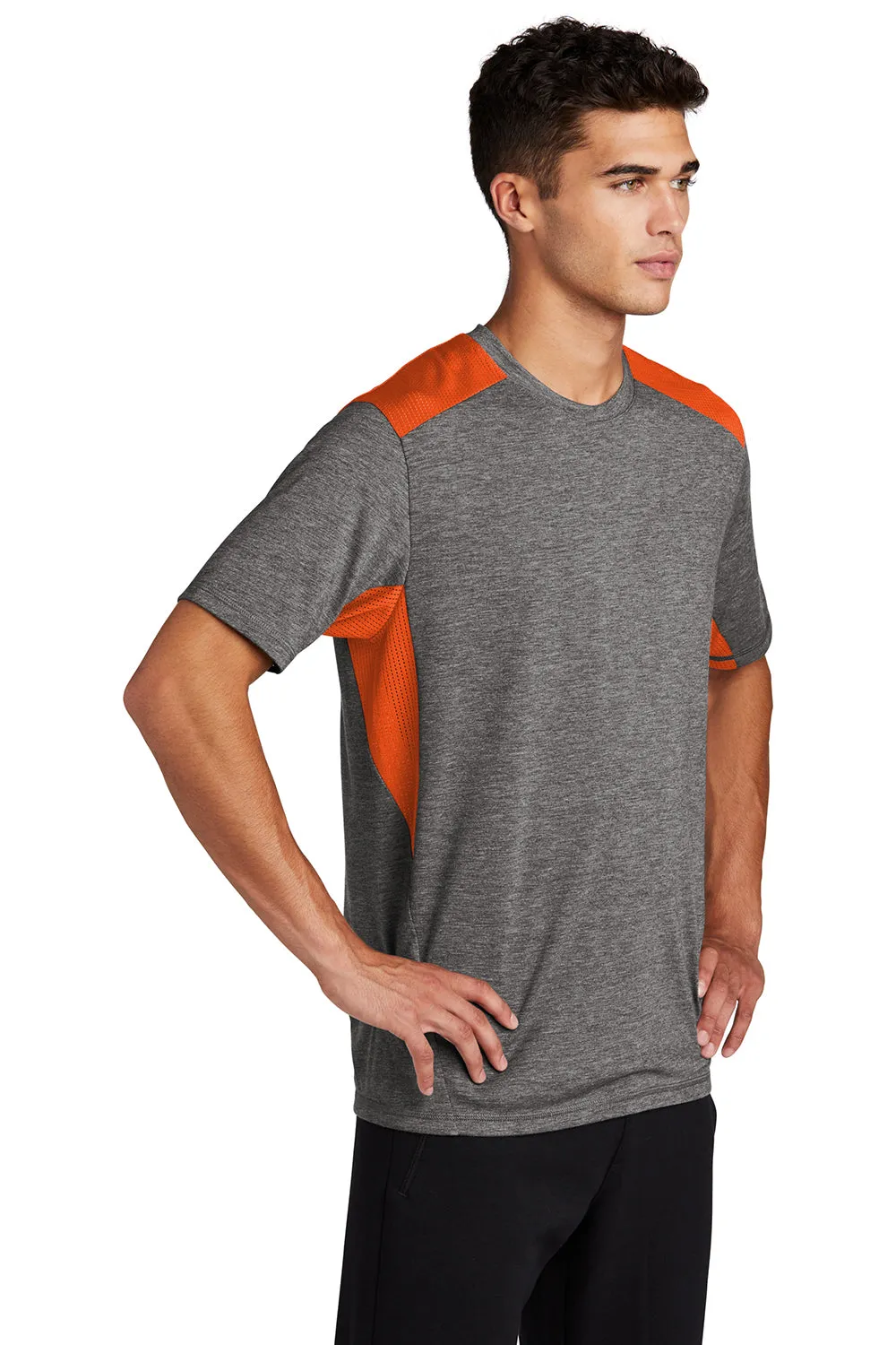 Sport-Tek Mens Draft Moisture Wicking Short Sleeve Crewneck T-Shirt - Heather Dark Grey/Deep Orange Clothing Sport-Tek