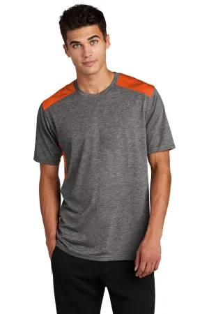 Sport-Tek Mens Draft Moisture Wicking Short Sleeve Crewneck T-Shirt - Heather Dark Grey/Deep Orange Clothing Sport-Tek