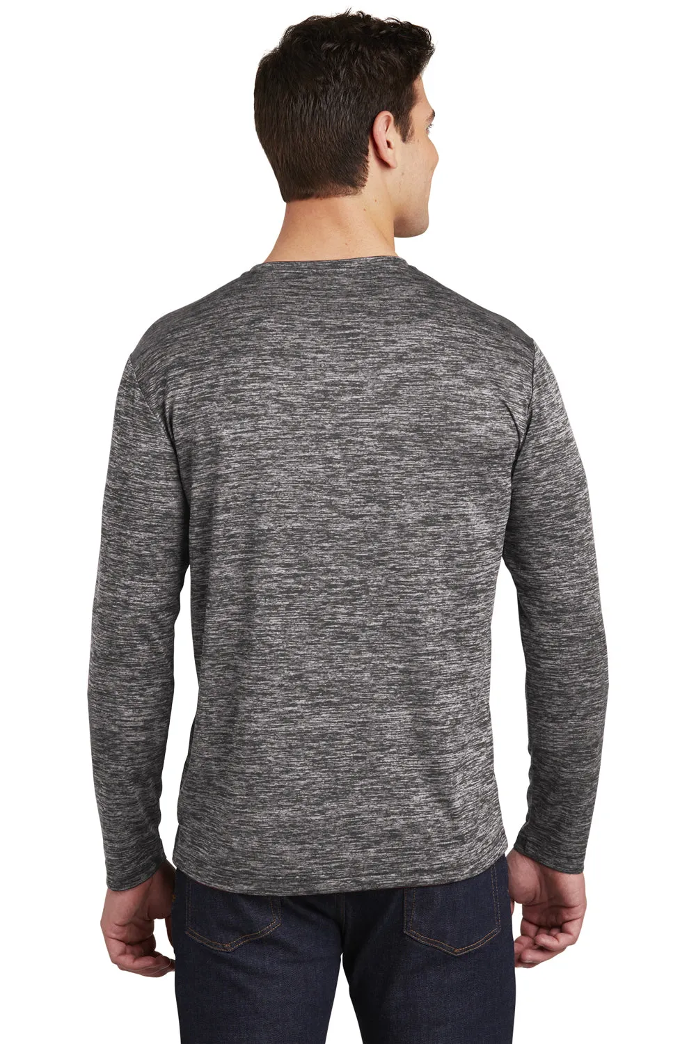 Sport-Tek Mens Electric Heather Moisture Wicking Long Sleeve Crewneck T-Shirt - Black Electric Clothing Sport-Tek