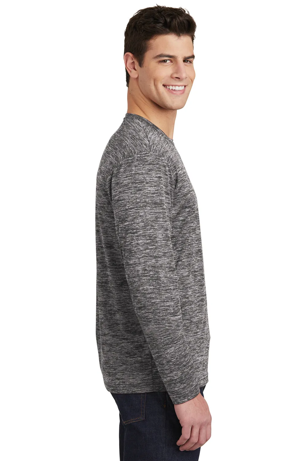Sport-Tek Mens Electric Heather Moisture Wicking Long Sleeve Crewneck T-Shirt - Black Electric Clothing Sport-Tek