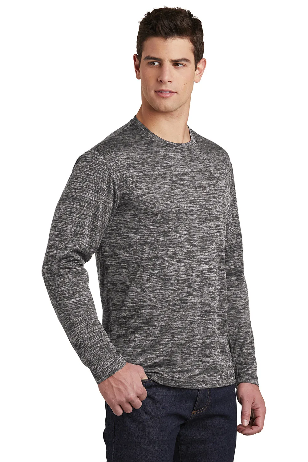Sport-Tek Mens Electric Heather Moisture Wicking Long Sleeve Crewneck T-Shirt - Black Electric Clothing Sport-Tek