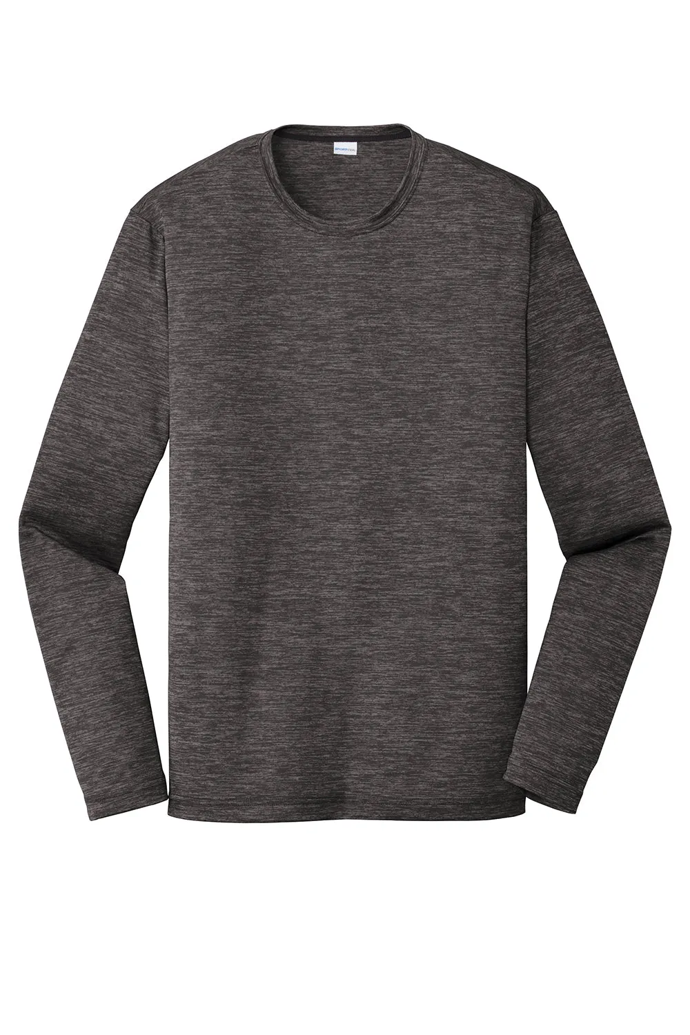 Sport-Tek Mens Electric Heather Moisture Wicking Long Sleeve Crewneck T-Shirt - Grey Black Electric Clothing Sport-Tek
