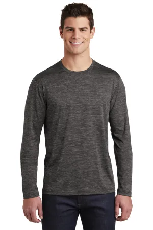 Sport-Tek Mens Electric Heather Moisture Wicking Long Sleeve Crewneck T-Shirt - Grey Black Electric Clothing Sport-Tek