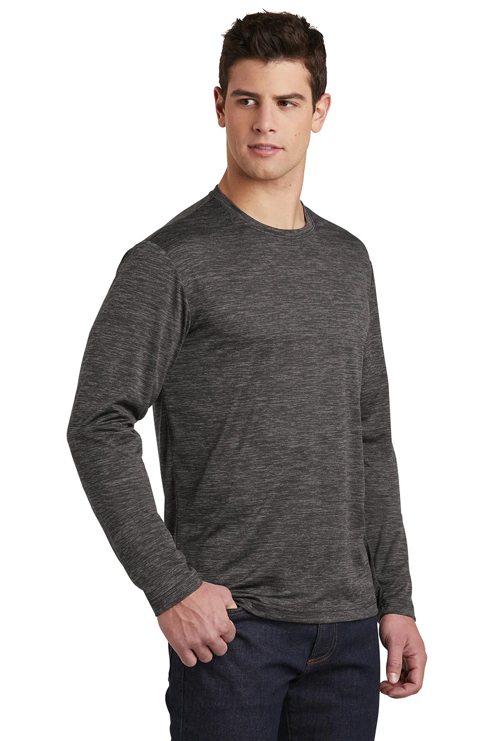 Sport-Tek Mens Electric Heather Moisture Wicking Long Sleeve Crewneck T-Shirt - Grey Black Electric Clothing Sport-Tek