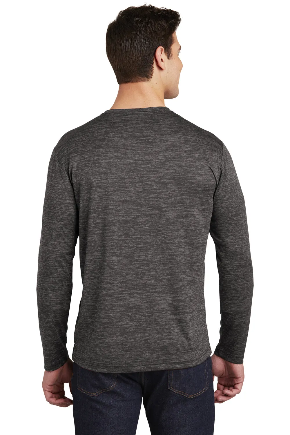 Sport-Tek Mens Electric Heather Moisture Wicking Long Sleeve Crewneck T-Shirt - Grey Black Electric Clothing Sport-Tek