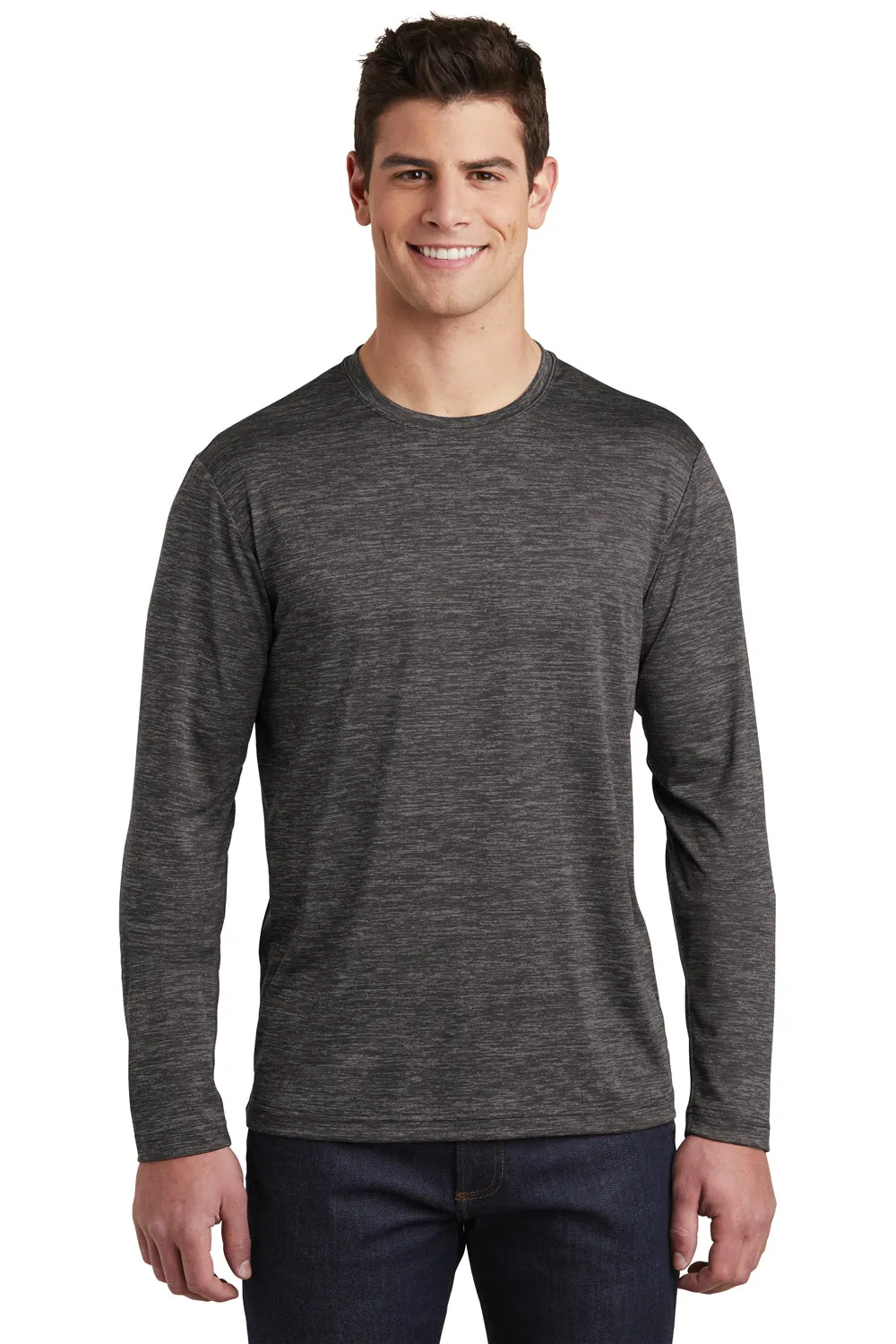 Sport-Tek Mens Electric Heather Moisture Wicking Long Sleeve Crewneck T-Shirt - Grey Black Electric Clothing Sport-Tek