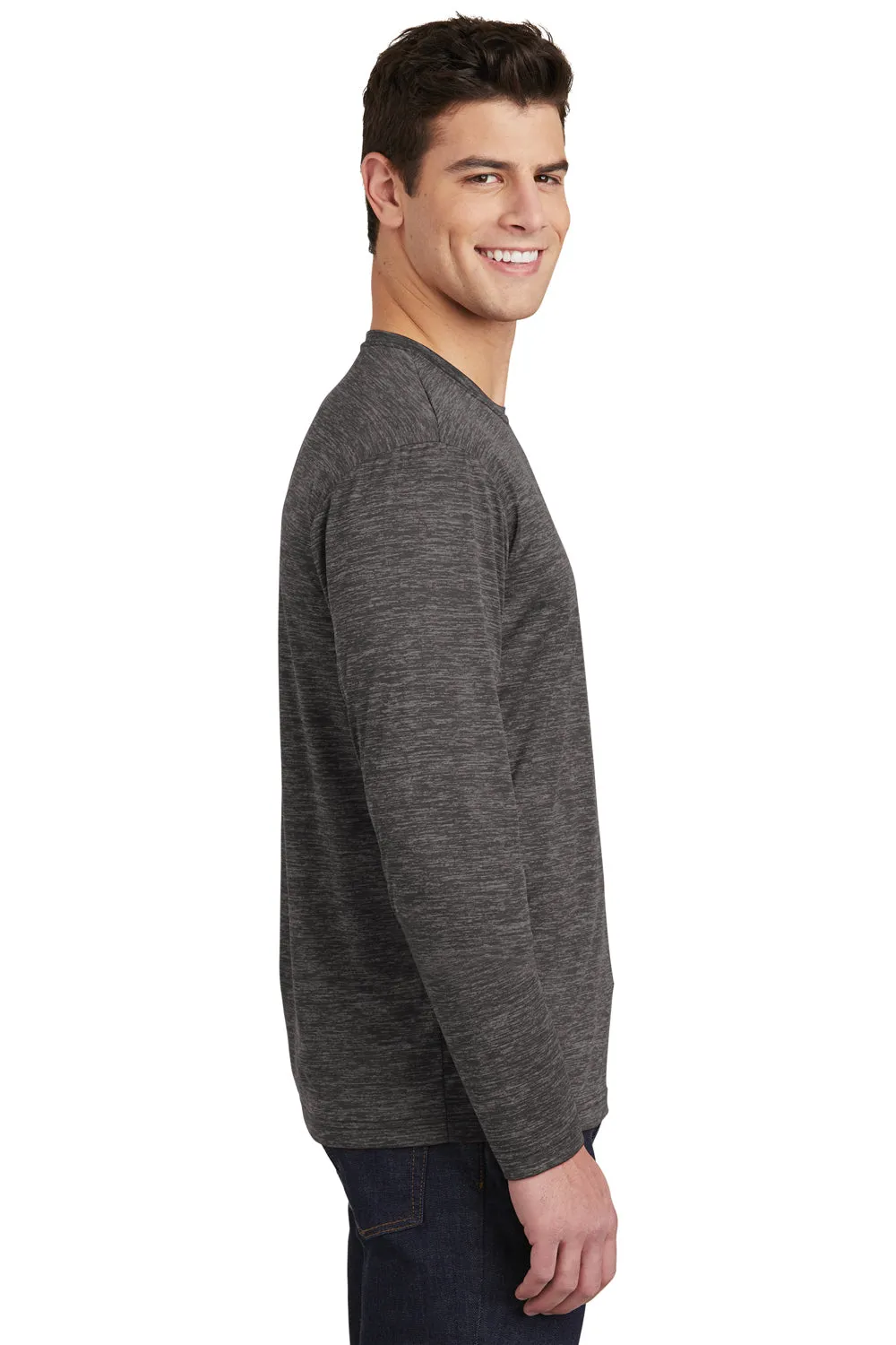 Sport-Tek Mens Electric Heather Moisture Wicking Long Sleeve Crewneck T-Shirt - Grey Black Electric Clothing Sport-Tek