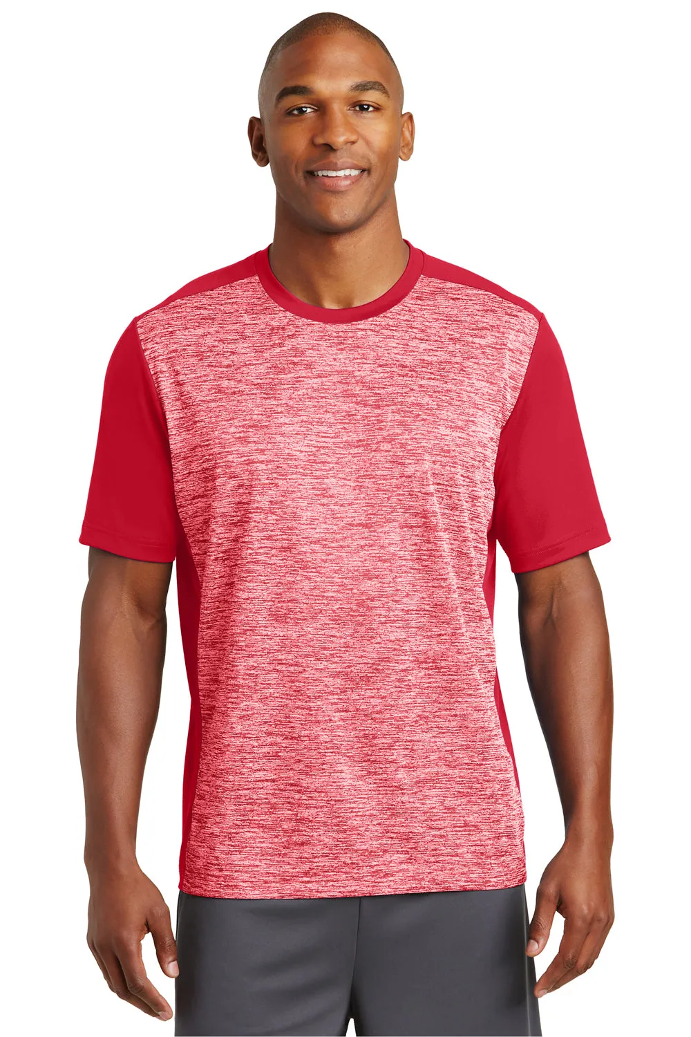 Sport-Tek Mens Electric Heather Moisture Wicking Short Sleeve Crewneck T-Shirt - Deep Red Electric/Deep Red - Closeout Clothing Sport-Tek