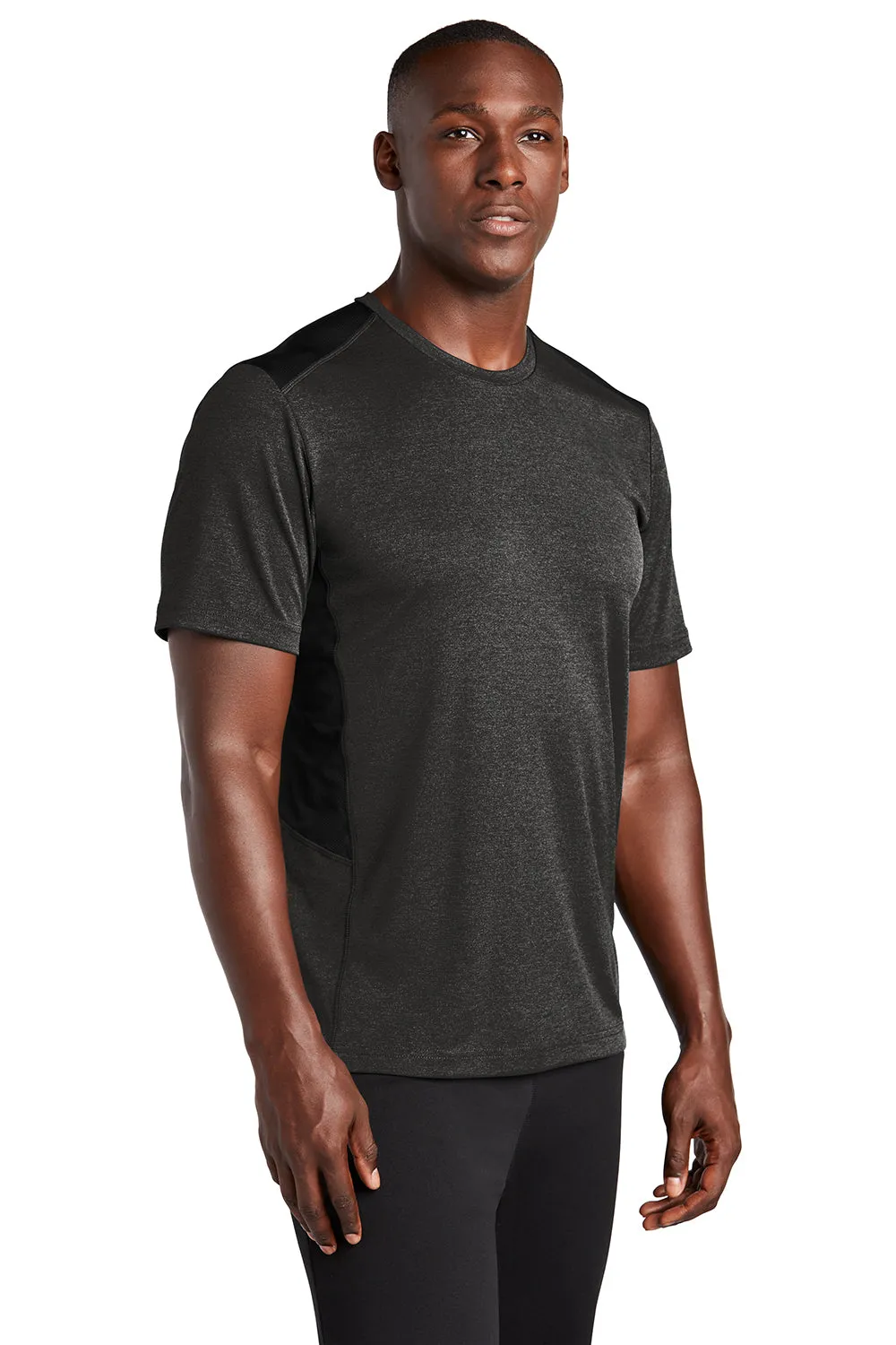 Sport-Tek Mens Endeavor Moisture Wicking Short Sleeve Crewneck T-Shirt - Heather Black/Black Clothing Sport-Tek