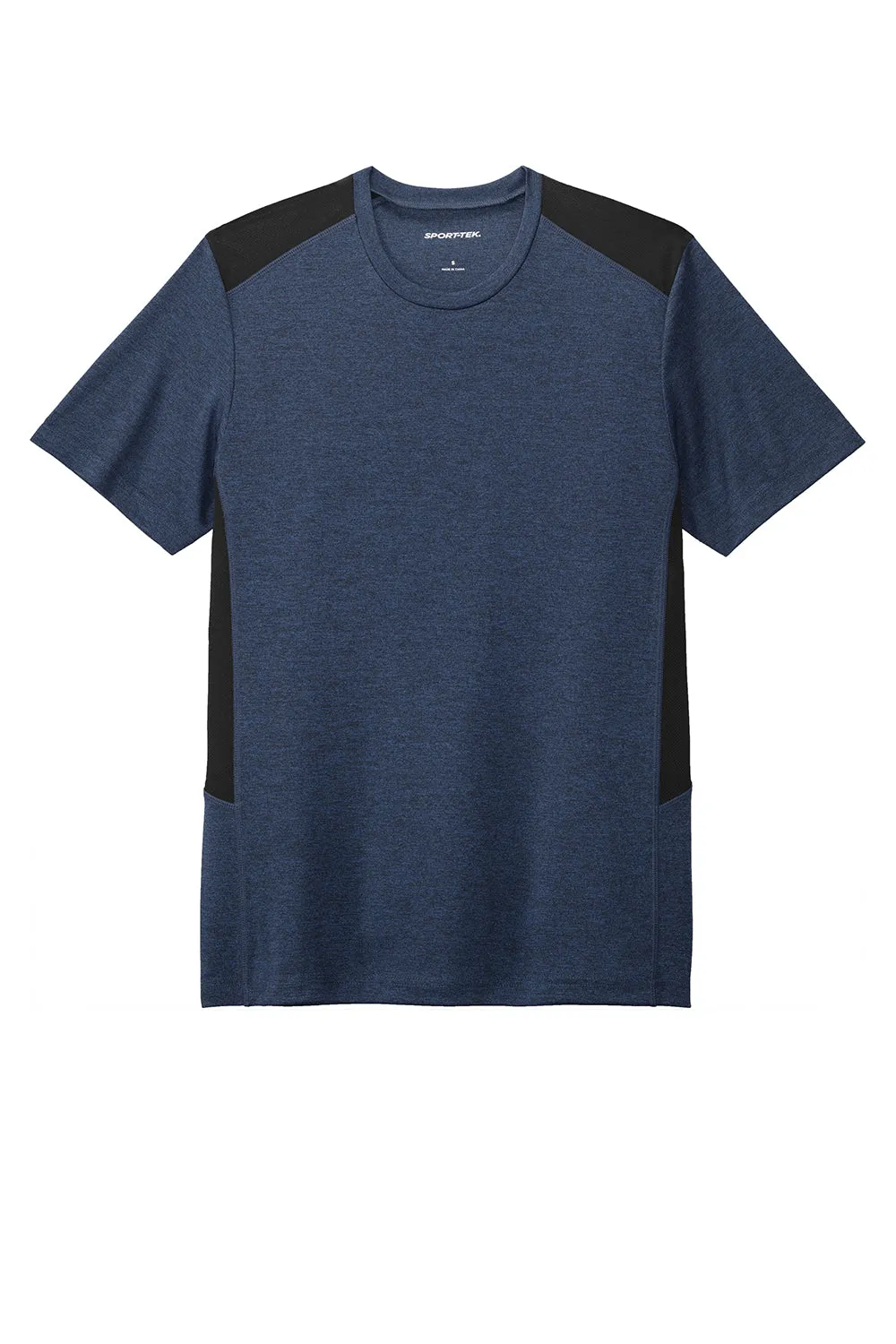 Sport-Tek Mens Endeavor Moisture Wicking Short Sleeve Crewneck T-Shirt - Heather Dark Royal Blue/Black Clothing Sport-Tek
