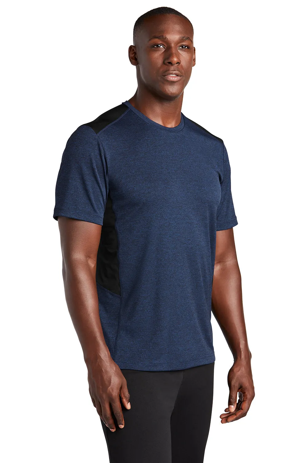 Sport-Tek Mens Endeavor Moisture Wicking Short Sleeve Crewneck T-Shirt - Heather Dark Royal Blue/Black Clothing Sport-Tek