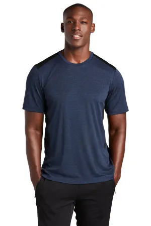 Sport-Tek Mens Endeavor Moisture Wicking Short Sleeve Crewneck T-Shirt - Heather Dark Royal Blue/Black Clothing Sport-Tek