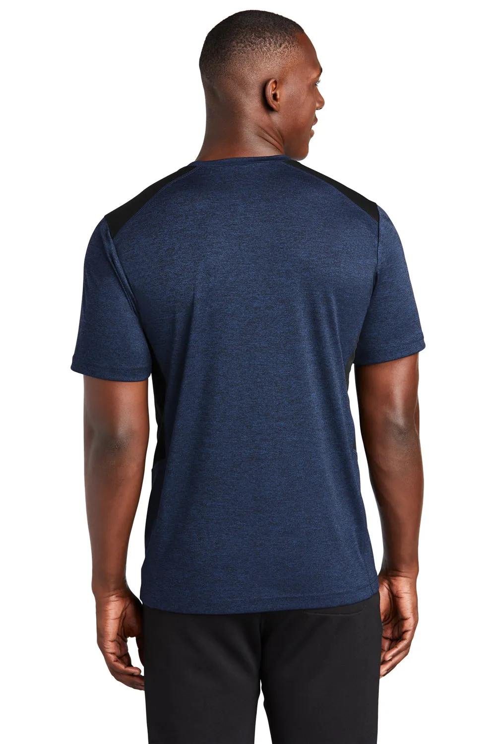 Sport-Tek Mens Endeavor Moisture Wicking Short Sleeve Crewneck T-Shirt - Heather Dark Royal Blue/Black Clothing Sport-Tek