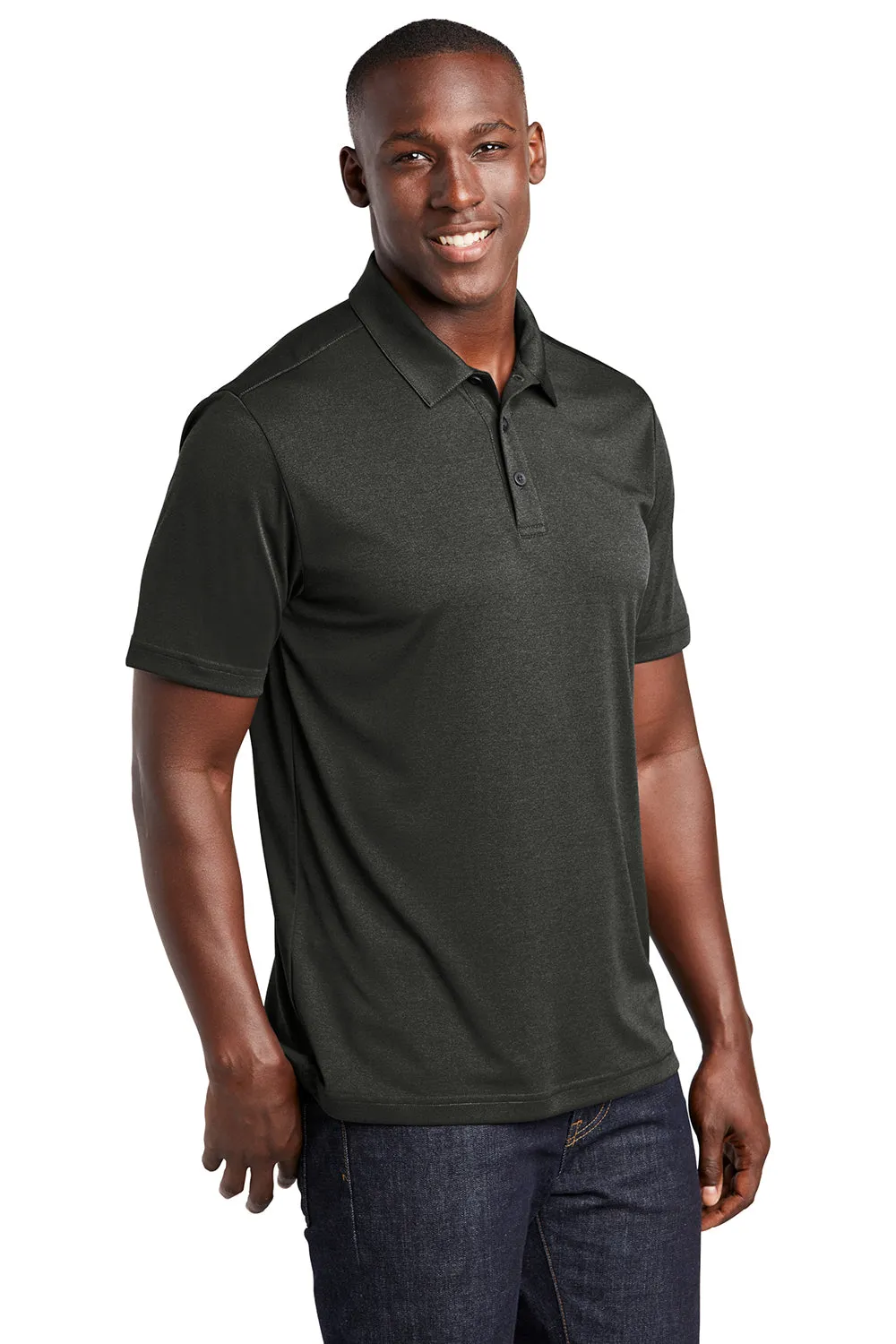 Sport-Tek Mens Endeavor Moisture Wicking Short Sleeve Polo Shirt - Heather Black Clothing Sport-Tek