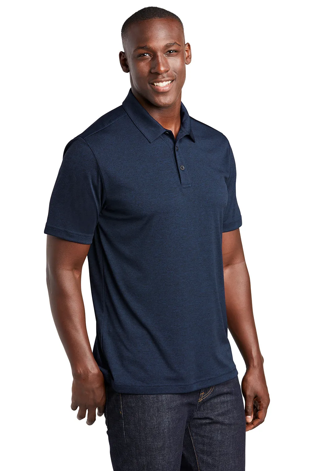 Sport-Tek Mens Endeavor Moisture Wicking Short Sleeve Polo Shirt - Heather Dark Royal Blue Clothing Sport-Tek