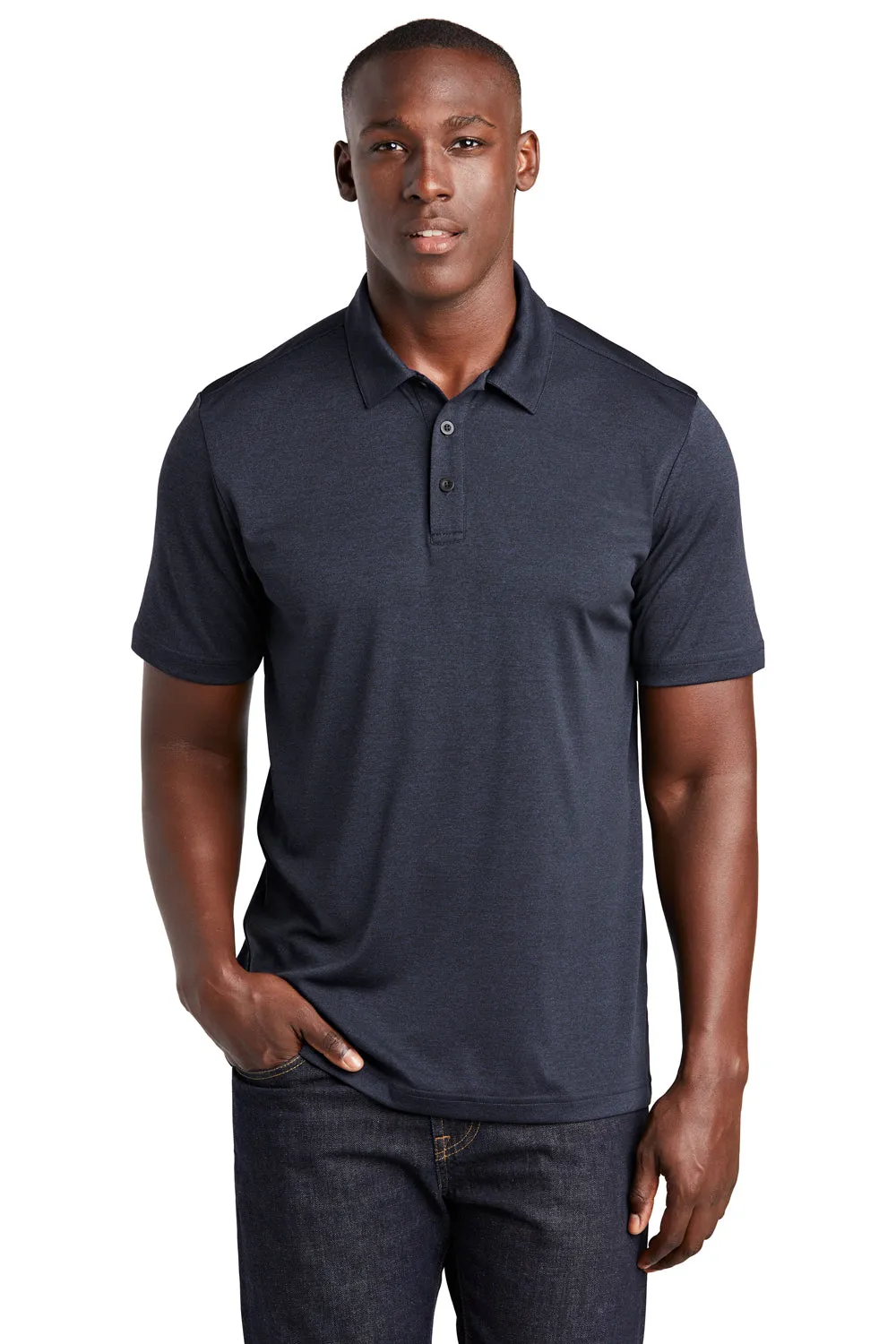 Sport-Tek Mens Endeavor Moisture Wicking Short Sleeve Polo Shirt - Heather Deep Navy Blue Clothing Sport-Tek