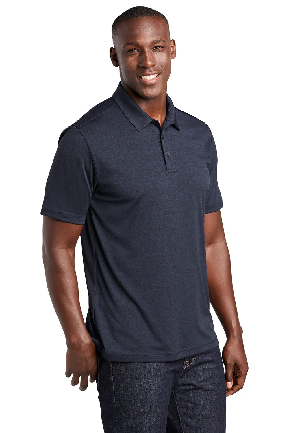 Sport-Tek Mens Endeavor Moisture Wicking Short Sleeve Polo Shirt - Heather Deep Navy Blue Clothing Sport-Tek