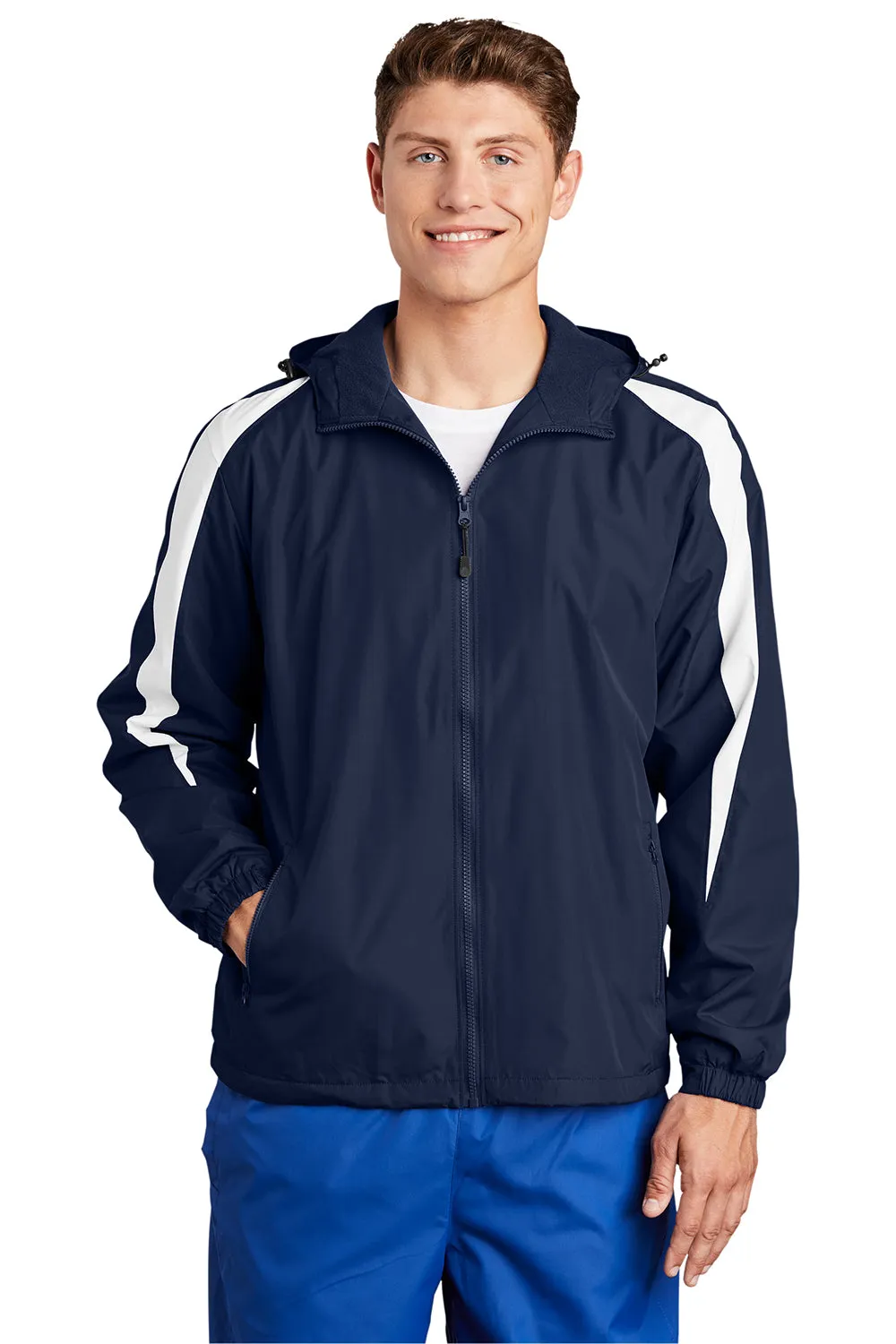 Sport-Tek Mens Full Zip Hooded Jacket - True Navy Blue/White