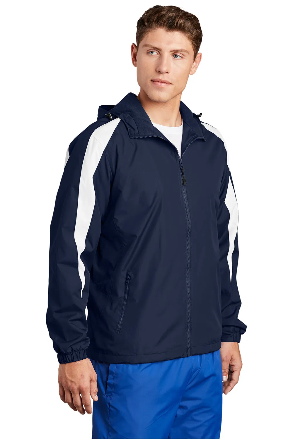 Sport-Tek Mens Full Zip Hooded Jacket - True Navy Blue/White