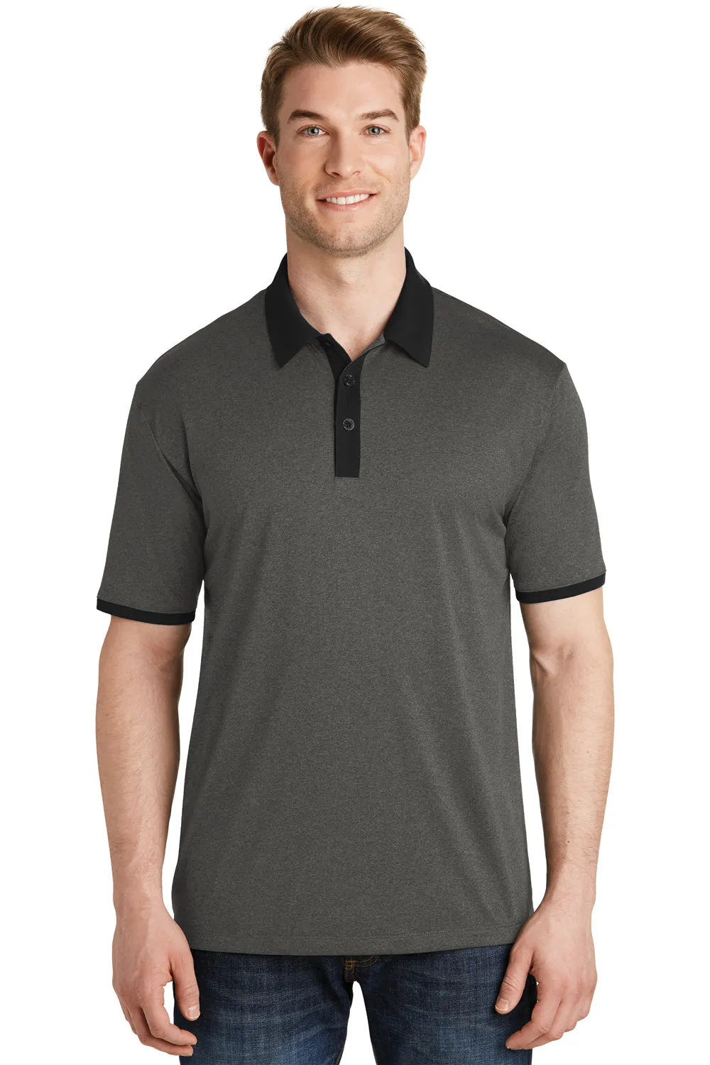 Sport-Tek Mens Heather Contender Moisture Wicking Short Sleeve Polo Shirt - Heather Graphite Grey/Black - Closeout Clothing Sport-Tek