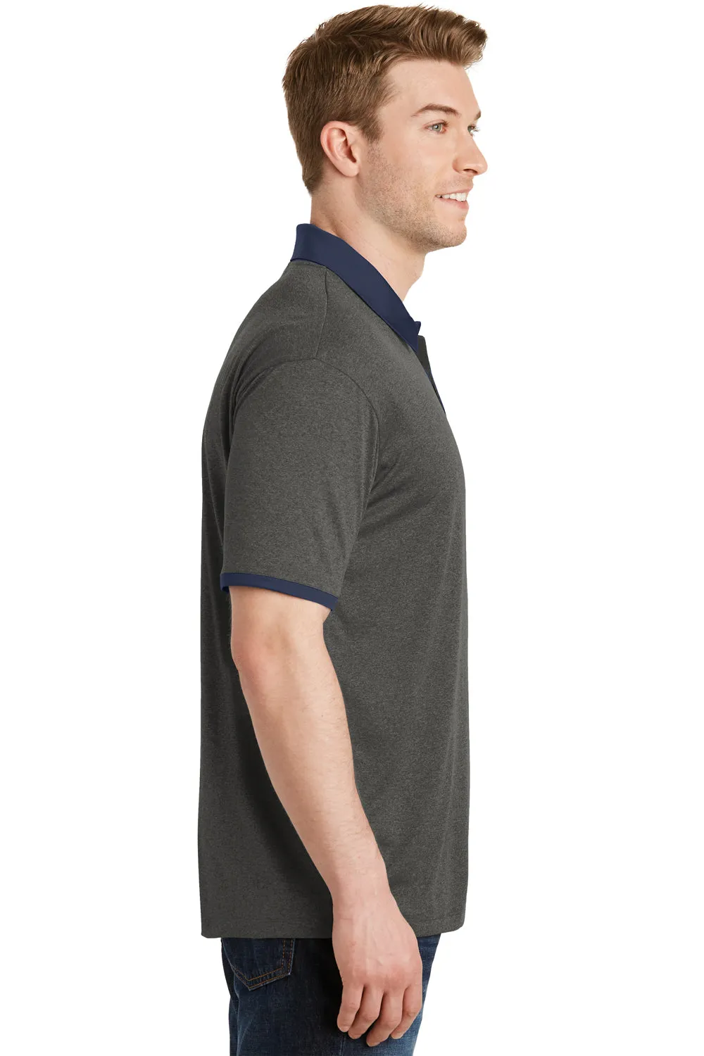 Sport-Tek Mens Heather Contender Moisture Wicking Short Sleeve Polo Shirt - Heather Graphite Grey/True Navy Blue - Closeout Clothing Sport-Tek