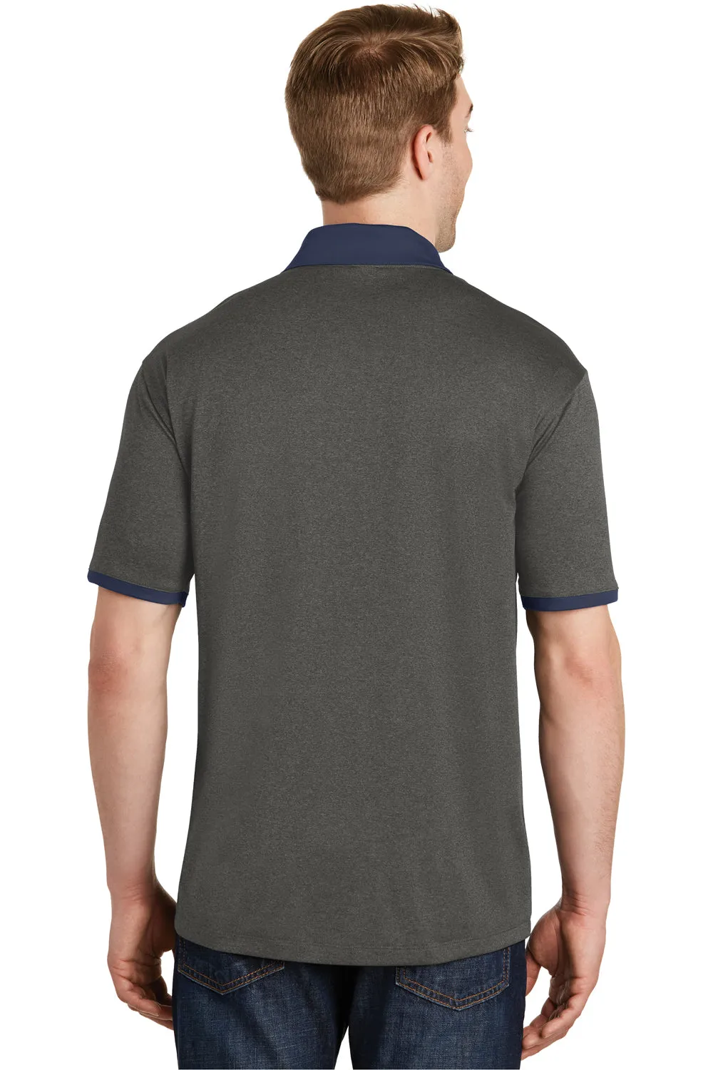 Sport-Tek Mens Heather Contender Moisture Wicking Short Sleeve Polo Shirt - Heather Graphite Grey/True Navy Blue - Closeout Clothing Sport-Tek