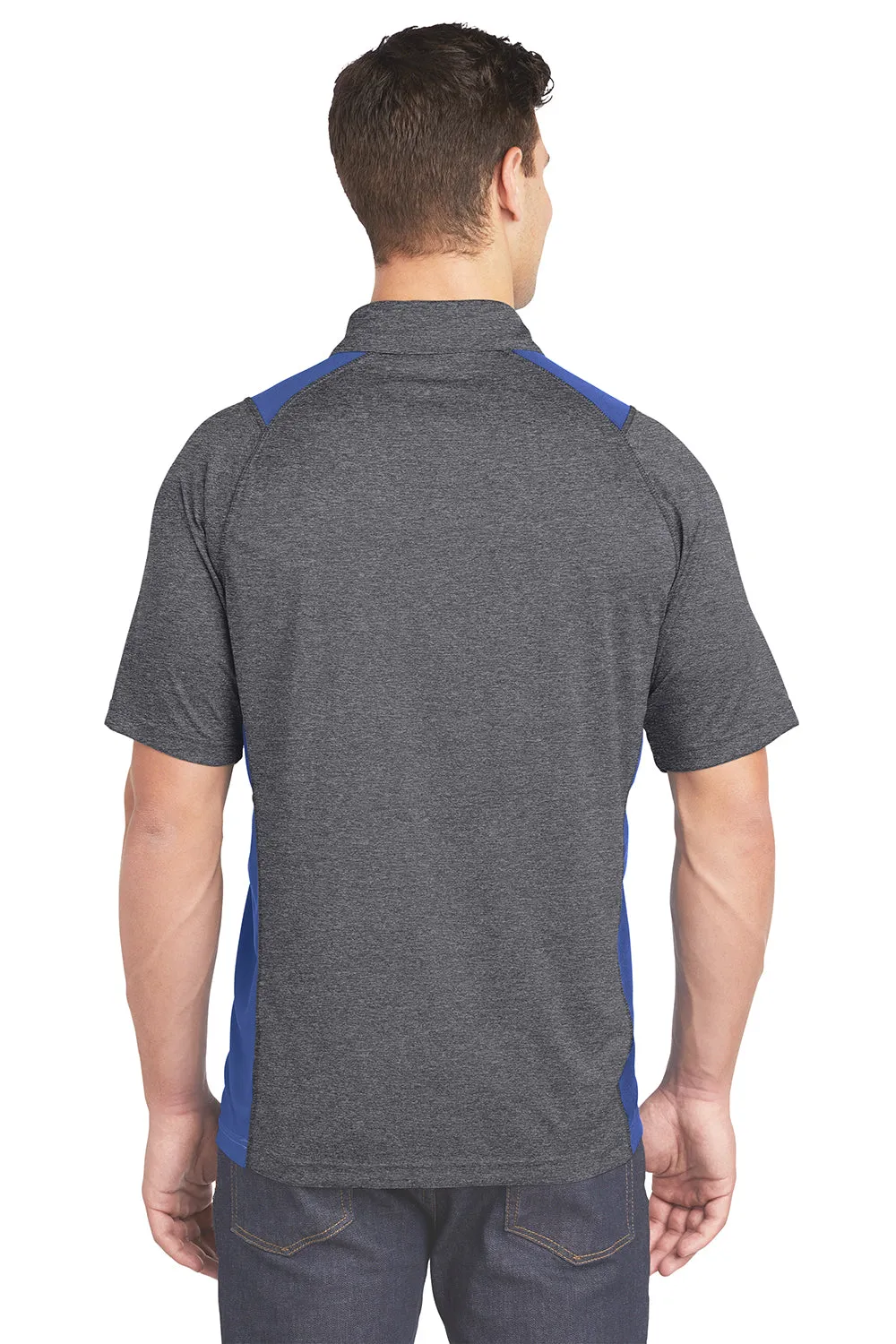 Sport-Tek Mens Heather Contender Moisture Wicking Short Sleeve Polo Shirt - Heather Graphite Grey/True Royal Blue - Closeout Clothing Sport-Tek