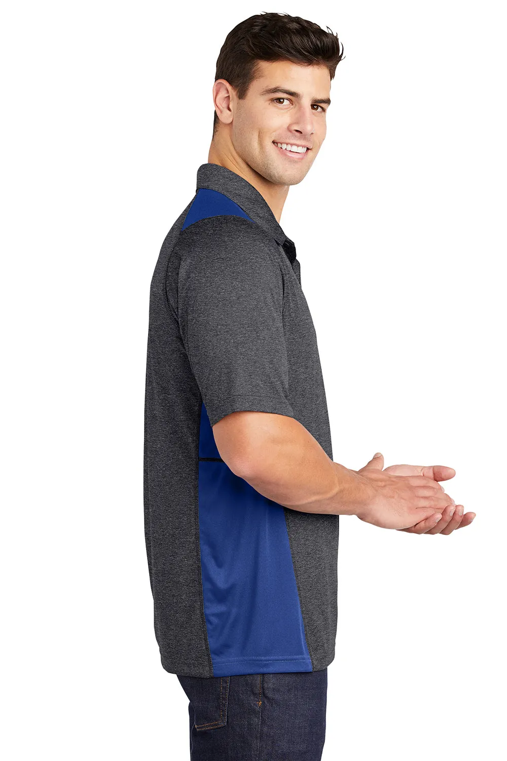 Sport-Tek Mens Heather Contender Moisture Wicking Short Sleeve Polo Shirt - Heather Graphite Grey/True Royal Blue - Closeout Clothing Sport-Tek