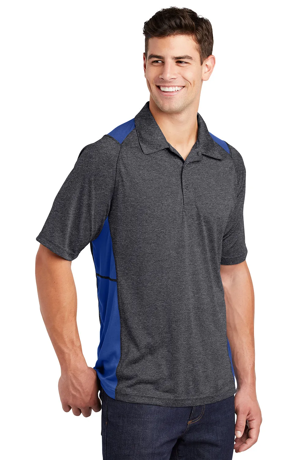Sport-Tek Mens Heather Contender Moisture Wicking Short Sleeve Polo Shirt - Heather Graphite Grey/True Royal Blue - Closeout Clothing Sport-Tek