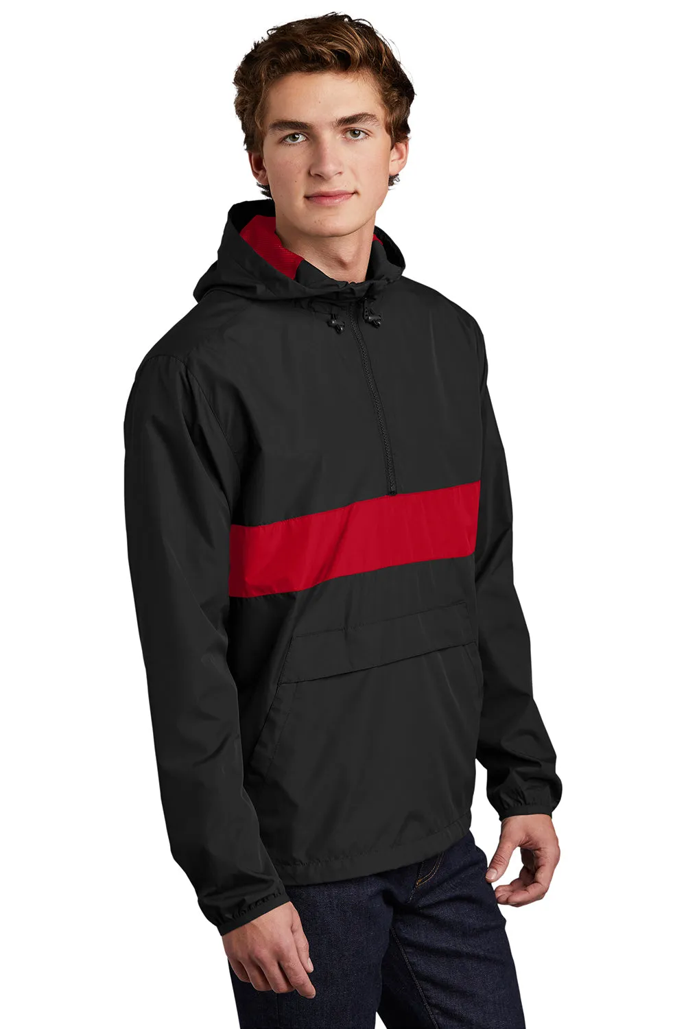 Sport-Tek Mens Hooded 1/4 Zip Jacket - Black/True Red