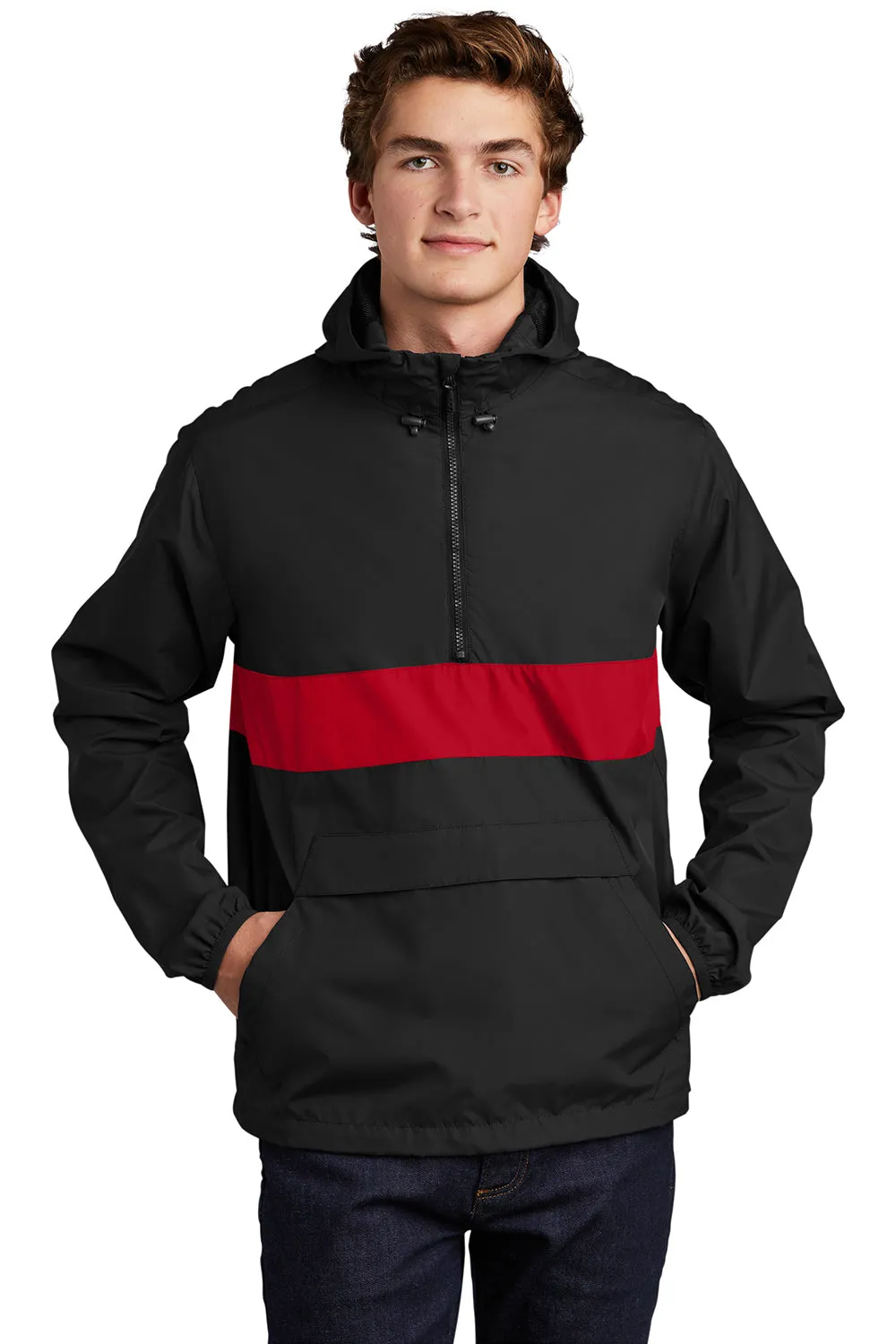 Sport-Tek Mens Hooded 1/4 Zip Jacket - Black/True Red