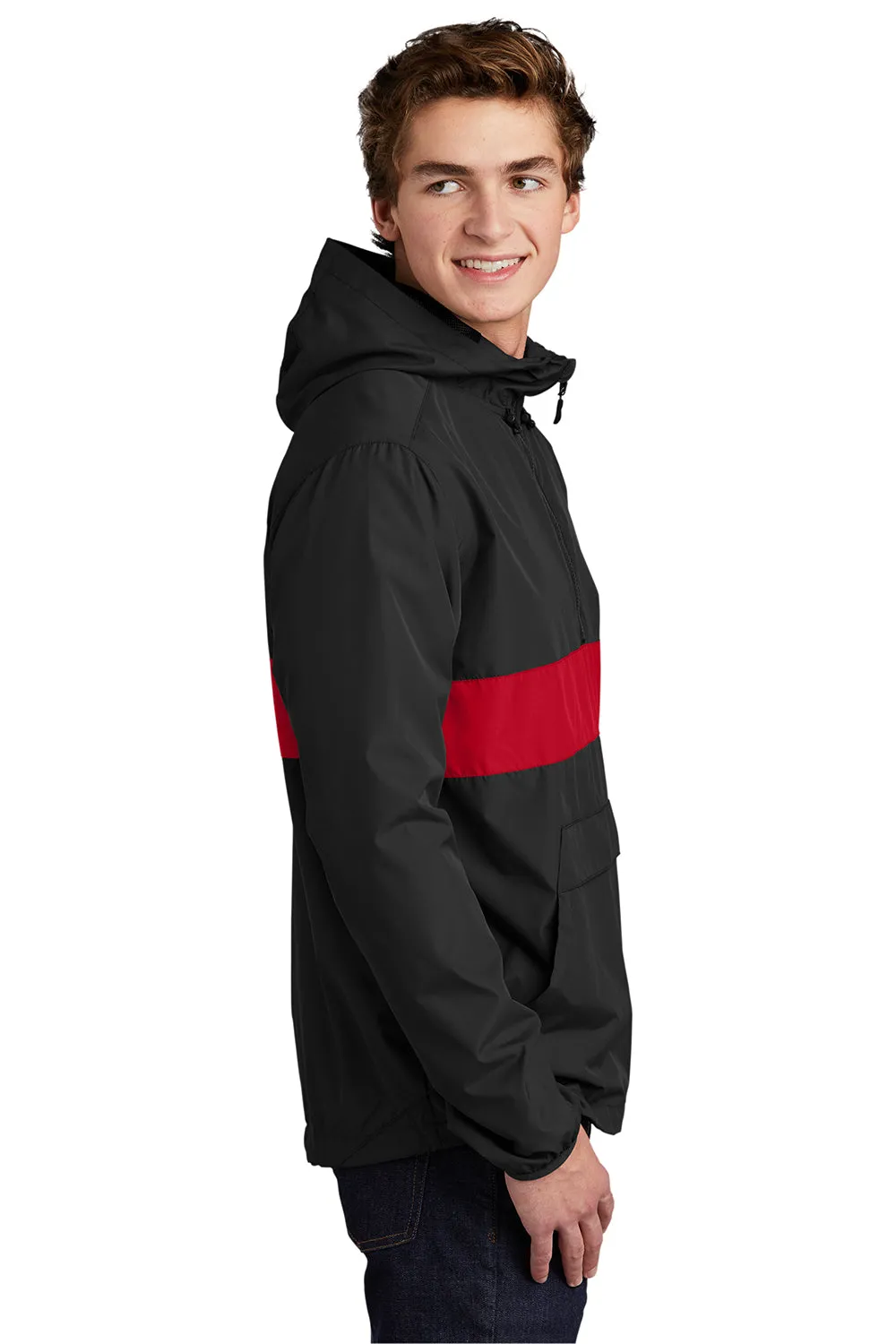 Sport-Tek Mens Hooded 1/4 Zip Jacket - Black/True Red