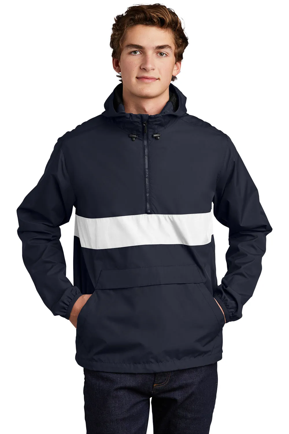 Sport-Tek Mens Hooded 1/4 Zip Jacket - True Navy Blue/White